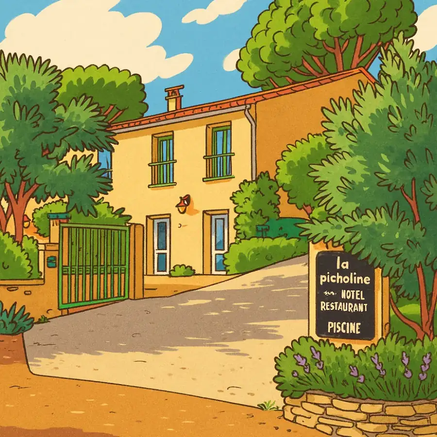 Illustration de l’entrée de La Picholine, avec une façade ocre, un portail vert et des arbres.