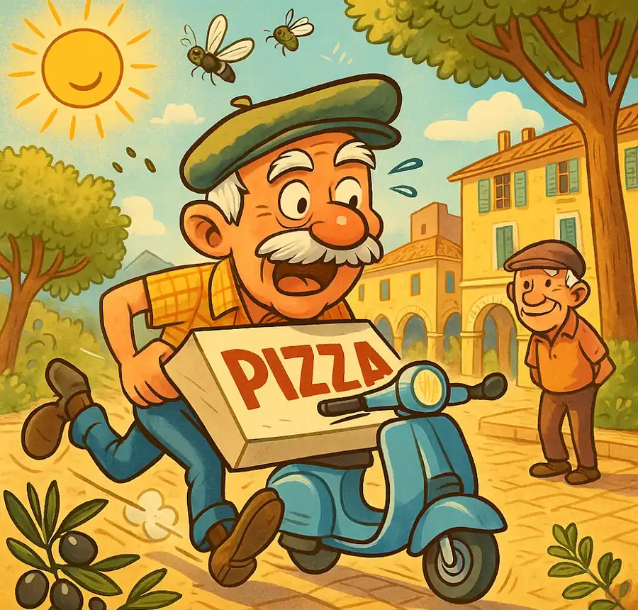 Illustration d’un personnage moustachu transportant une boîte de pizza sur un scooter dans un village provençal