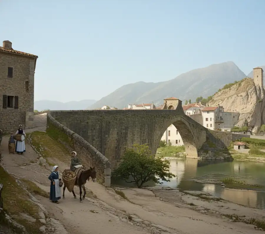 Illustration du pont Roman à Nyons, avec des personnages et un âne près de l’Eygues.