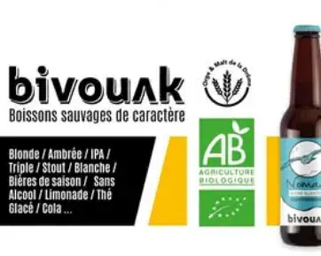 Visuel Bivouak avec une bouteille de bière, la gamme de boissons et les labels bio