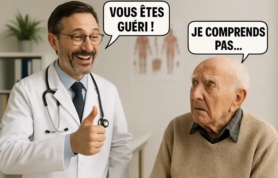 Illustration humoristique d’un médecin annonçant « Vous êtes guéri ! » à un homme âgé perplexe.