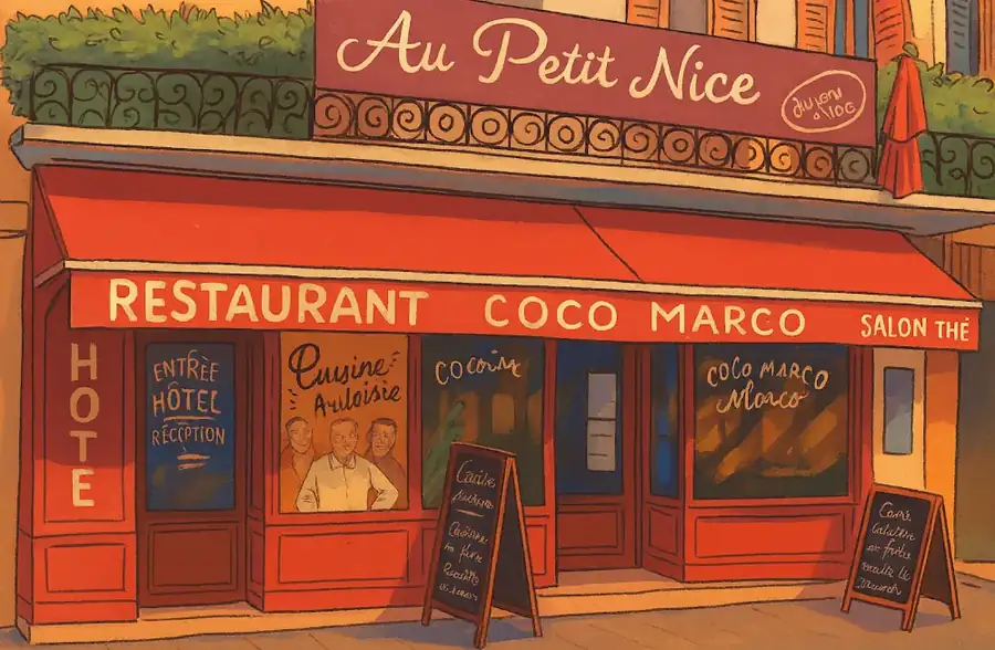 Illustration de la devanture rouge de Coco Marco, avec l’enseigne Au Petit Nice.