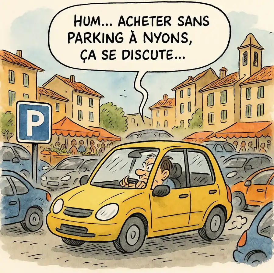 Illustration de Papy en voiture à Nyons, rappelant de vérifier le stationnement avant un achat immobilier.