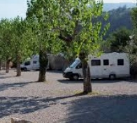 Camping-cars stationnés sur un espace de gravier bordé d’arbres, avec une colline en arrière-plan.