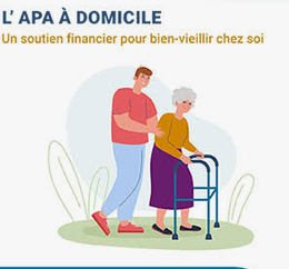 Illustration de l’APA à domicile : un homme accompagne une femme âgée utilisant un déambulateur.