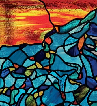 Vitrail d’Alexis Varlet aux formes bleues et turquoise, sur un fond rouge et jaune.