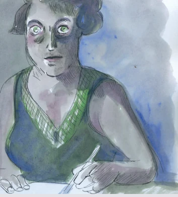 Illustration de Claire Braud montrant une femme en vert tenant un stylo, sur un fond bleu et gris.