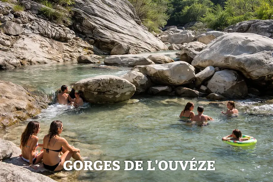 Baigneurs dans les eaux claires de l’Ouvèze, entourés de grands rochers.