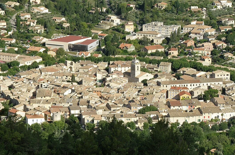 Vue panoramique du centre historique de Buis-les-Baronnies avec ses toits de tuiles, son clocher et les collines environnantes.