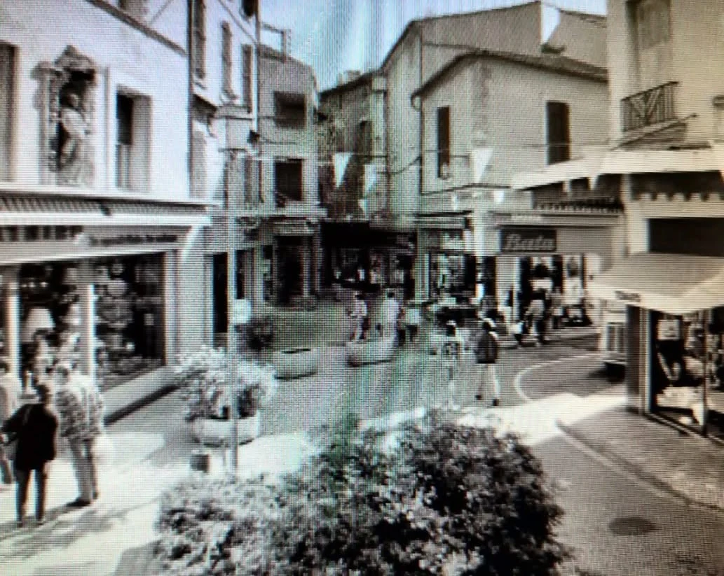 Photographie ancienne de la rue piétonne de Cavaillon, avec ses boutiques, ses passants et une jardinière fleurie.