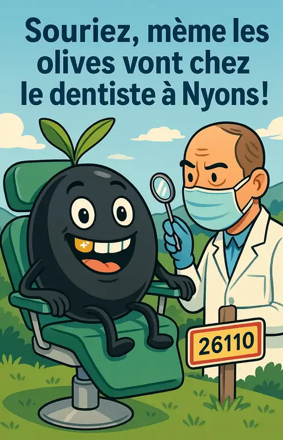 Illustration humoristique : une olive souriante sur un fauteuil de dentiste, sous le texte « Souriez, même les olives vont chez le dentiste à Nyons ! ».