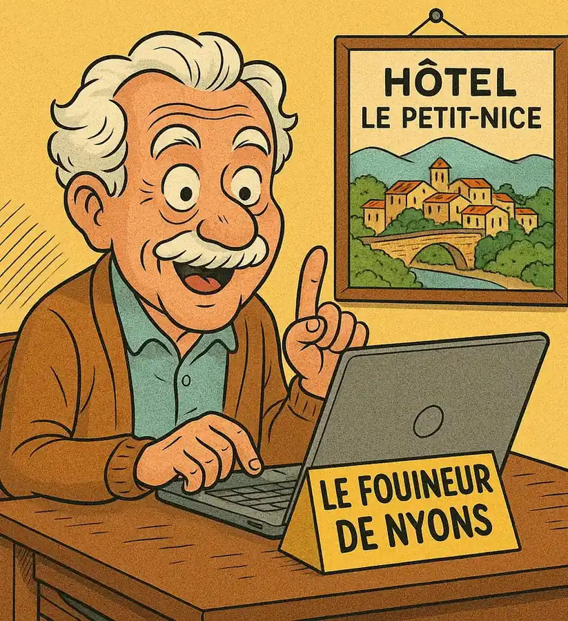 Illustration d’un personnage de Papy Chris devant un ordinateur, avec une affiche d’hôtel provençal.