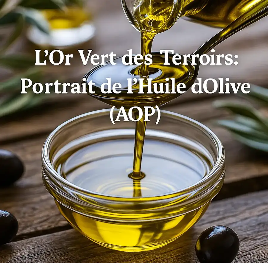 Illustration d’une huile d’olive dorée versée dans une cuillère puis dans un bol en verre, avec des olives noires.