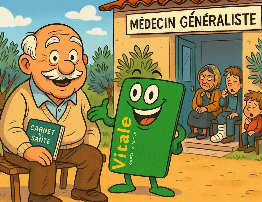 Illustration : un homme âgé et une carte Vitale souriante devant un cabinet de médecin généraliste.