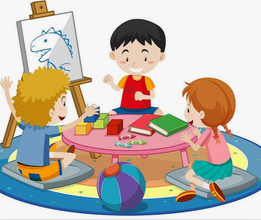 Illustration de trois jeunes enfants dessinant et jouant autour d’une table en maternelle.