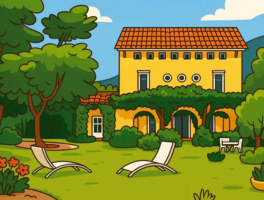 Illustration d’une maison provençale ocre avec jardin arboré et deux transats.