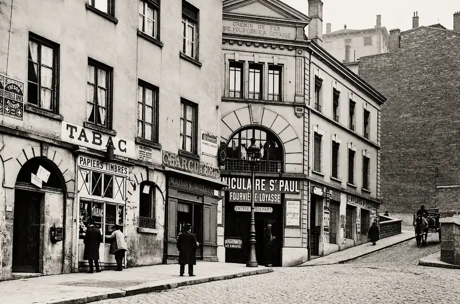Entrée du funiculaire Saint-Paul–Fourvière à Lyon vers 1900, près de la gare Saint-Paul et de la montée Saint-Barthélemy.