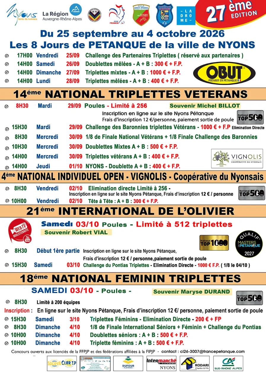 NYONS PÉTANQUE 2026 : PROGRAMME COMPLET DES 8 JOURS, DATES, INSCRIPTIONS, DIRECT ET INTERNATIONAL DE L’OLIVIER