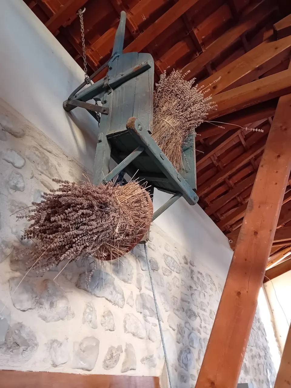 Bouquets de lavande suspendus à un support en bois contre un mur de pierre.