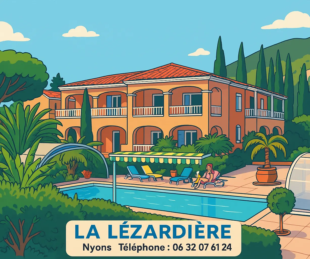 Illustration d’une villa avec piscine et jardin portant le nom La Lézardière à Nyons.