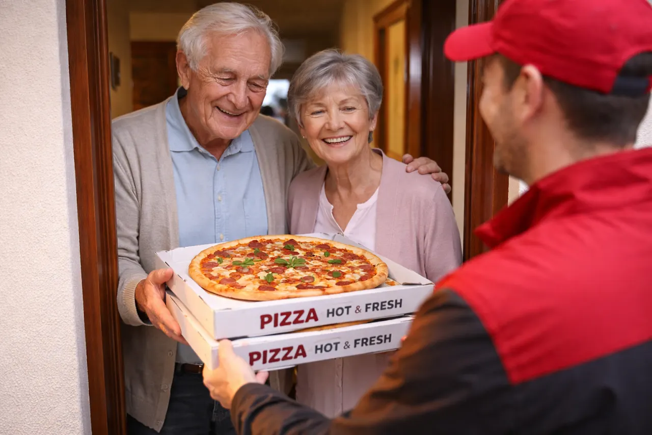 Un livreur présente des boîtes de pizza à un couple à l’entrée de son logement.