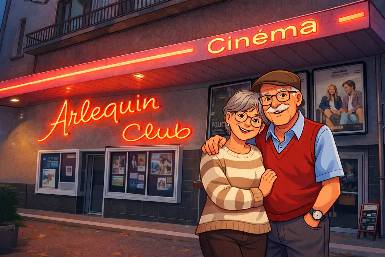 Illustration d’un couple de seniors devant l’enseigne rouge de L’Arlequin.