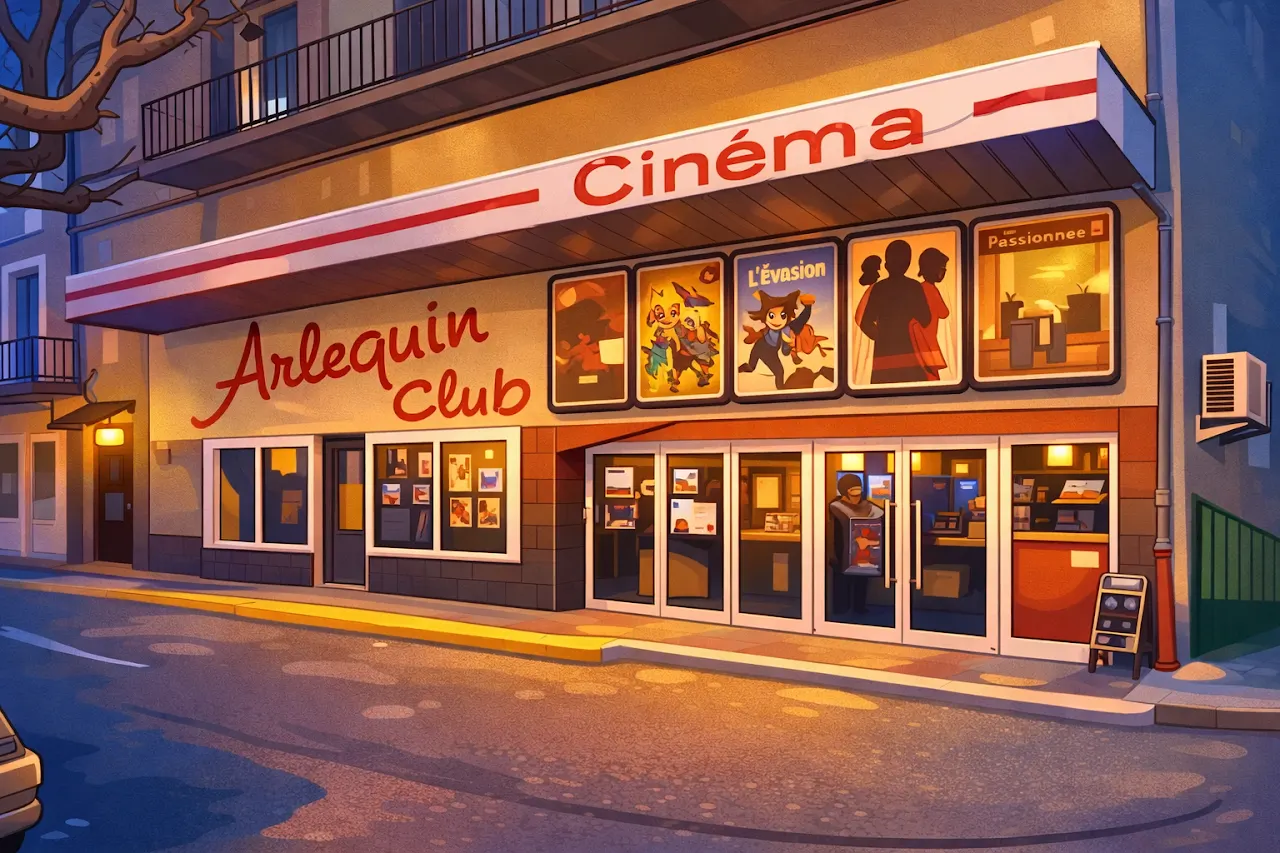 Illustration de la façade du cinéma L’Arlequin éclairée en soirée.