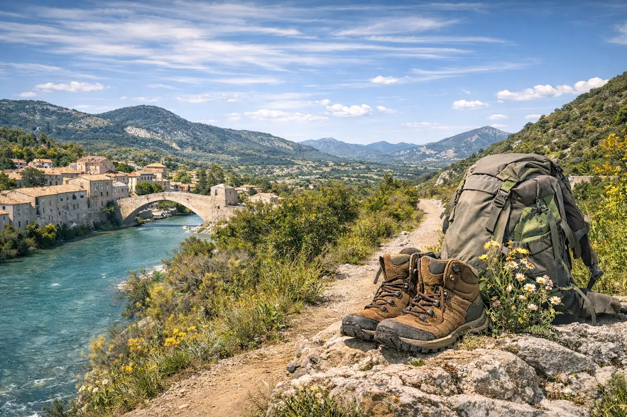 Paysage de randonnée au-dessus de Nyons avec vue sur le pont roman, la rivière Eygues et les collines de la Drôme provençale, sac à dos et chaussures de marche au premier plan.