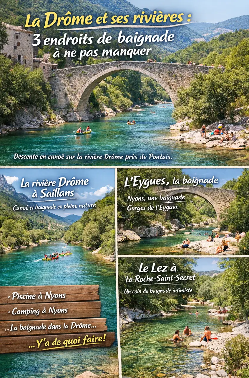 Affiche des trois lieux de baignade dans la Drôme et autour de Nyons