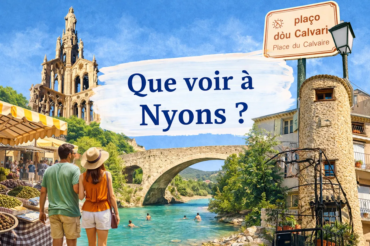 Que voir à Nyons : le pont Roman, la Tour Randonne, le marché et la rivière Eygues réunis dans une même vue.