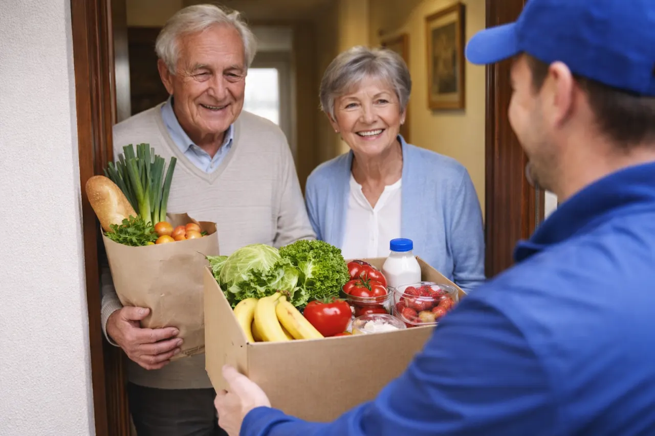 Un couple de seniors reçoit un carton de fruits, légumes et produits alimentaires à sa porte.