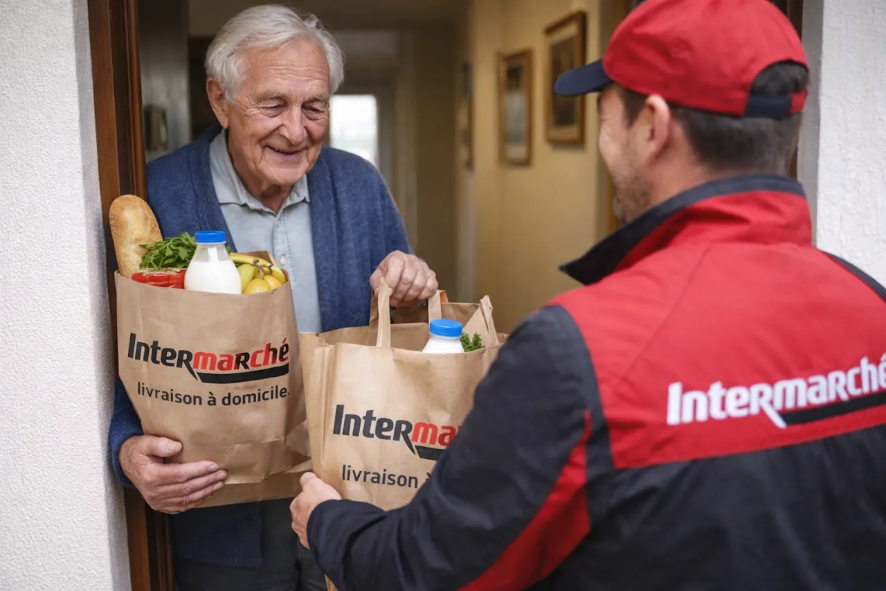 Un homme âgé reçoit des sacs de courses portant l’enseigne Intermarché.