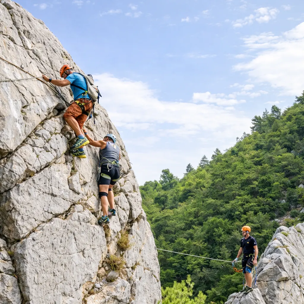 Via ferrata à Buis-les-Baronnies avec plusieurs pratiquants progressant sur une paroi rocheuse équipée, falaises calcaires et forêt des Baronnies provençales en arrière-plan.