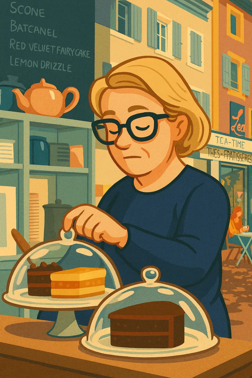 Illustration d’un client dégustant un gâteau dans un salon de thé