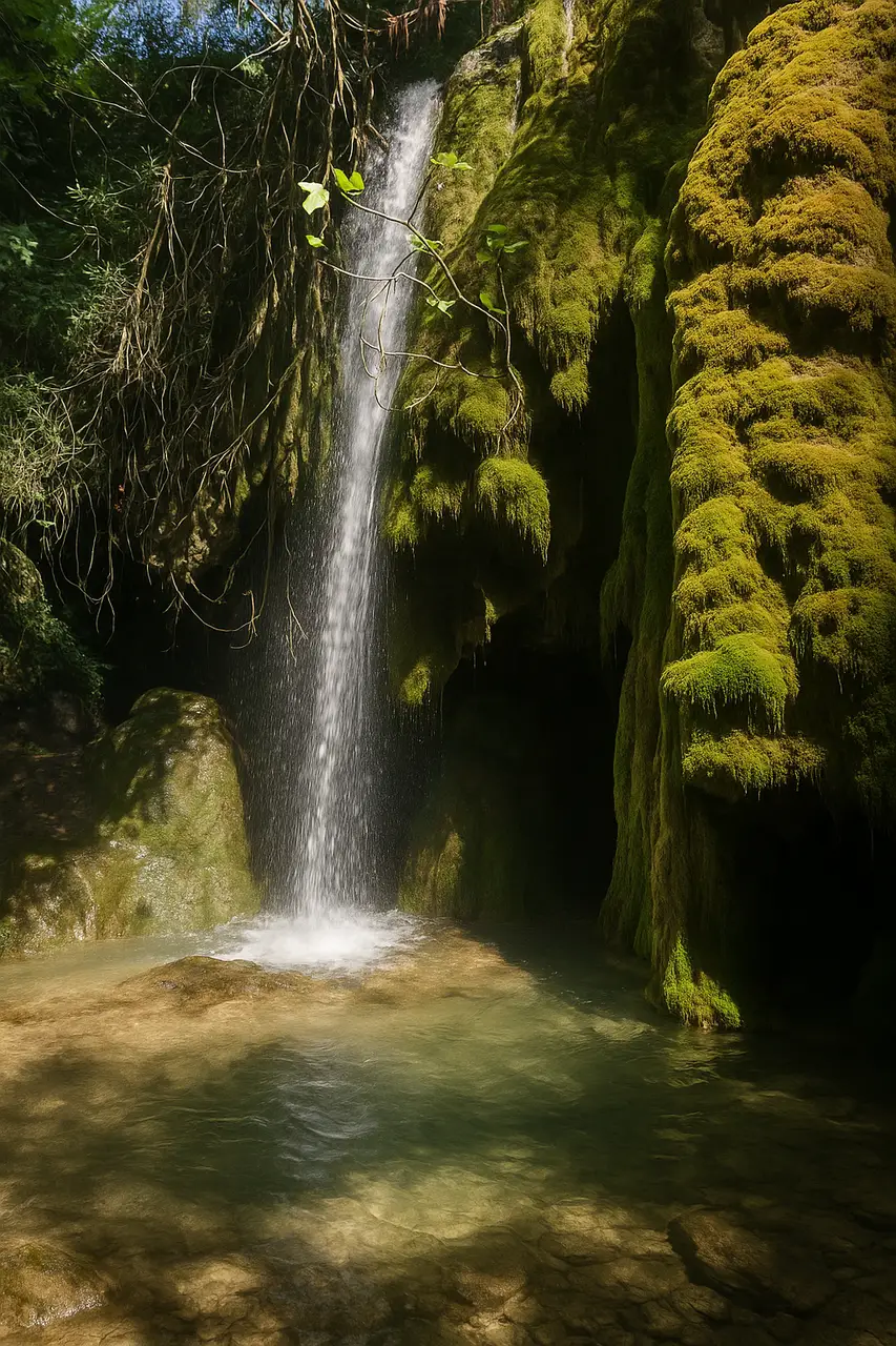 Cascade entre les rochers et la végétation à Aubres
