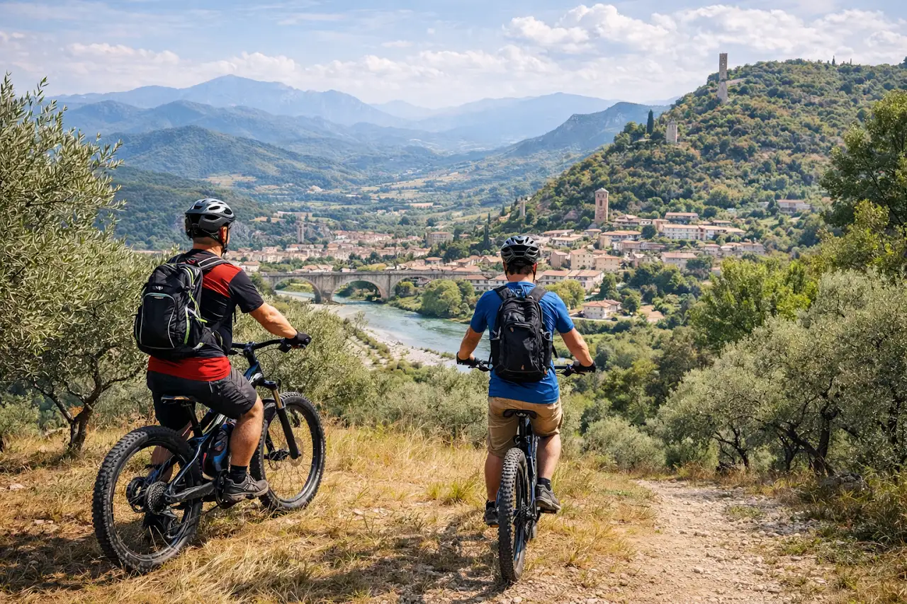 Vue depuis un sentier VTT en hauteur, paysage de collines et vallée.
