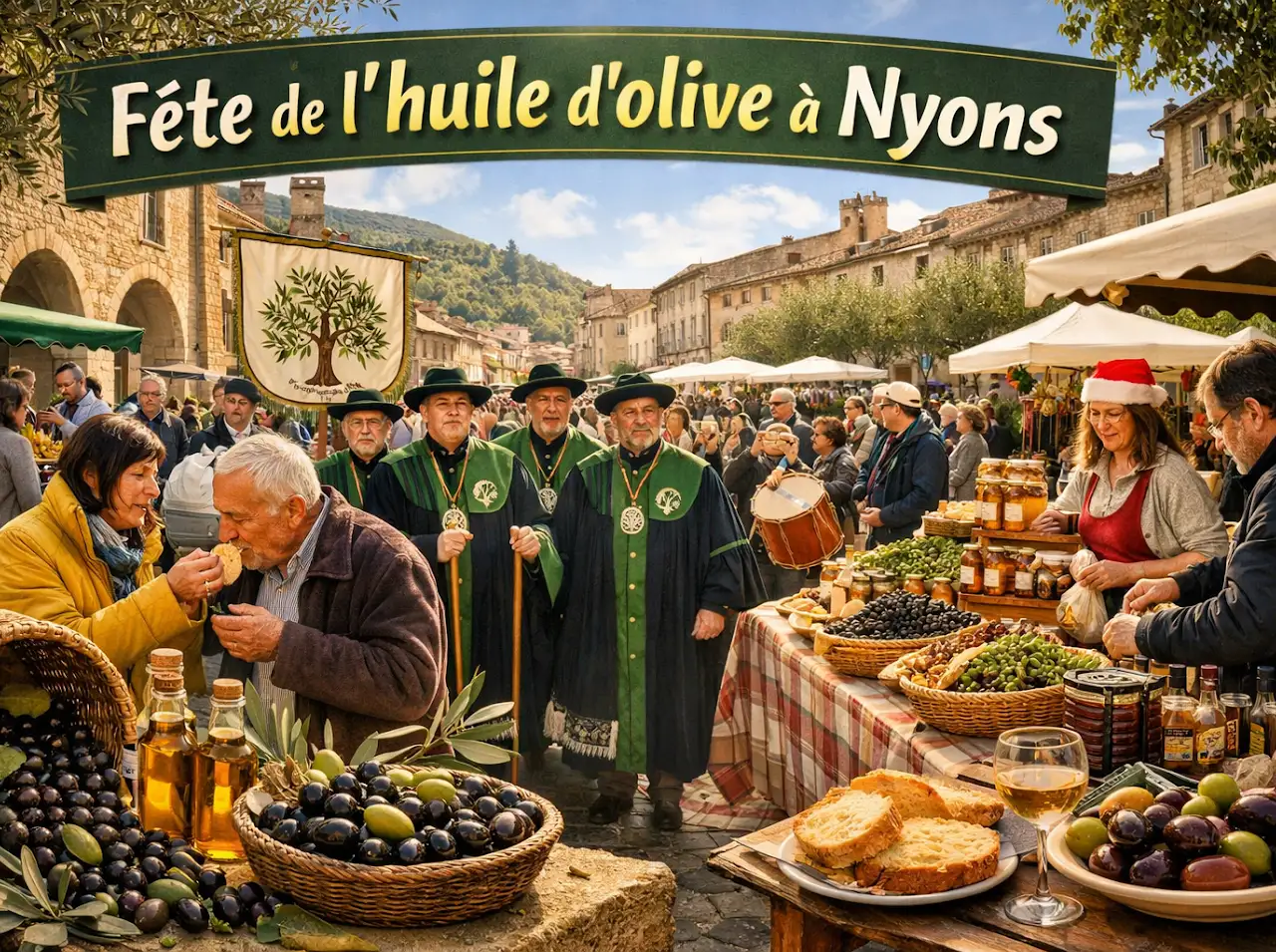 Fête de l’huile d’olive à Nyons, dégustation d’huile nouvelle et marché provençal sur la place des Arcades avec habitants et visiteurs.