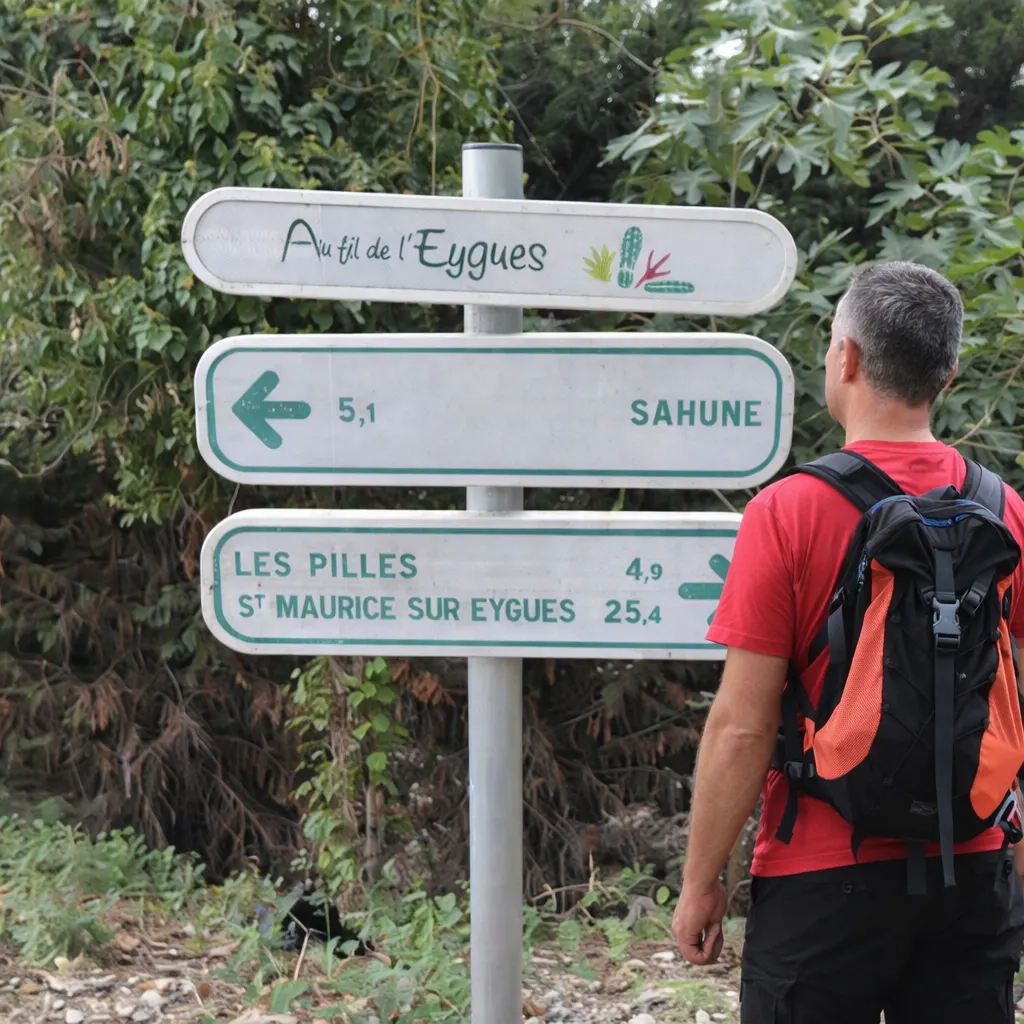 Randonneur seul devant un panneau de randonnée « Au fil de l’Eygues » indiquant Sahune, Les Pilles et Saint-Maurice-sur-Eygues, le long d’un sentier en Drôme provençale.