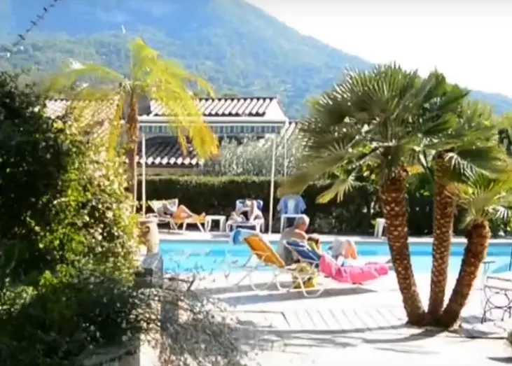 Piscine et transats entourés de palmiers et de végétation à La Lézardière.