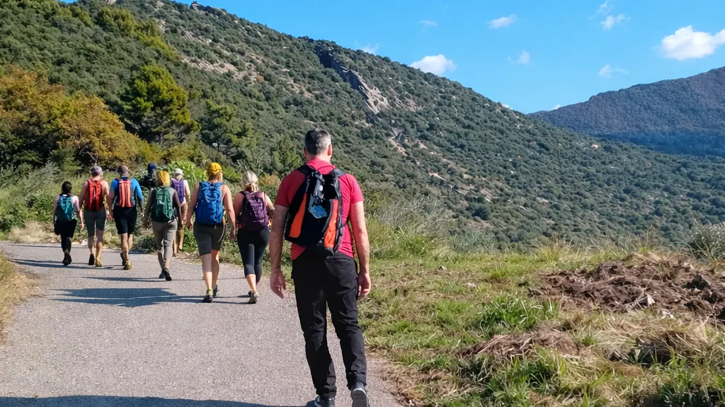 Groupe de randonneurs sur un chemin dans les collines autour de Nyons