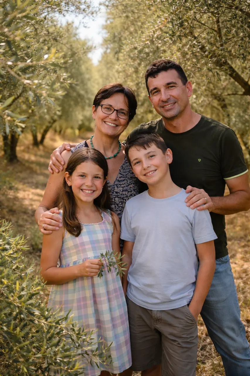 Deux personnes ramassant des olives dans une oliveraie