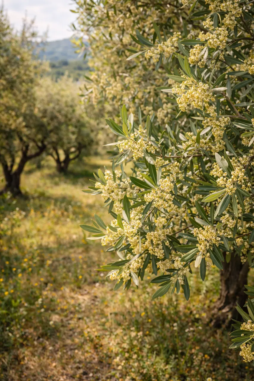 Champ d’oliviers en fleur au printemps, avec de petites fleurs blanches sur les branches et une lumière douce de Drôme provençale.