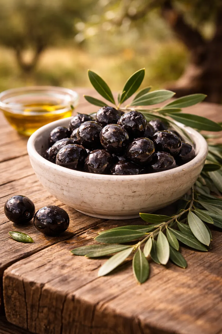 Bol d’olives noires brillantes posées sur une table en bois, avec des feuilles d’olivier et un petit plat d’huile d’olive en arrière-plan.