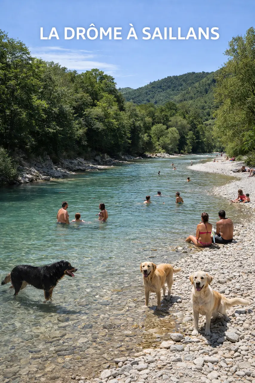 La rivière Drôme à Saillans, spot de baignade naturel avec chiens et baigneurs en été