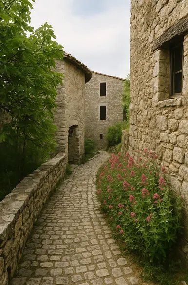 Passage pavé bordé de bâtiments en pierre à Montaulieu