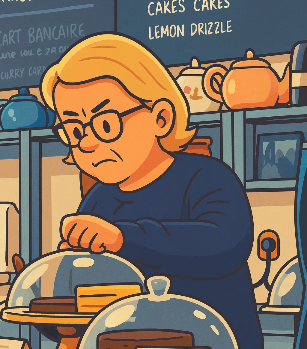 Illustration d’un client à table dans un salon de thé proposant des gâteaux
