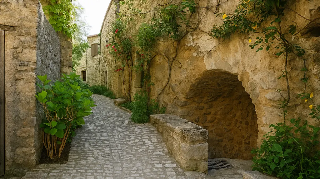 Ruelle pavée entre les maisons en pierre de Montaulieu