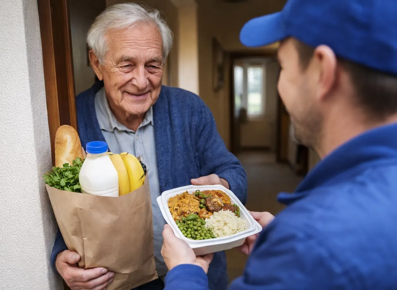 Un livreur remet un plateau-repas à un homme âgé tenant un sac de provisions.