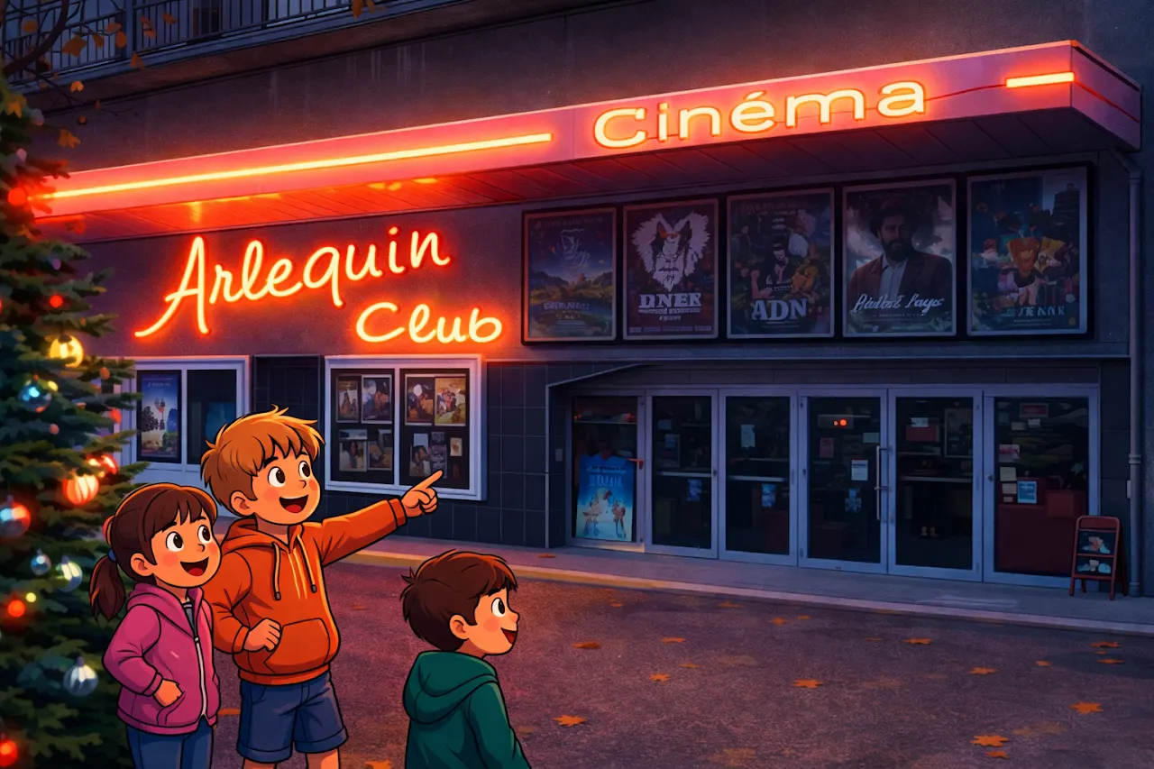 Illustration d’enfants devant le cinéma L’Arlequin à la tombée du soir.