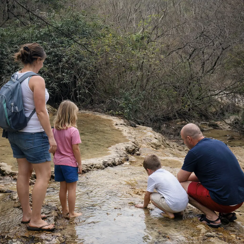 Baignade avec ma famille à la cascade d’Aubres, pieds dans l’eau.